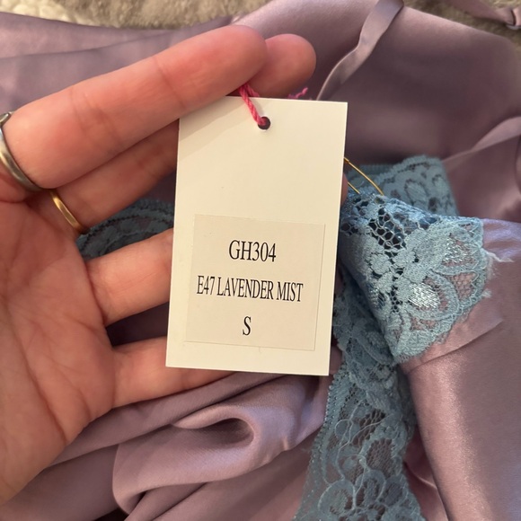 NWT Vintage Y2K Gold Hawk 100% Silk Midi Dress S Sleeveless Slip Lace Lavender - Picture 6 of 7